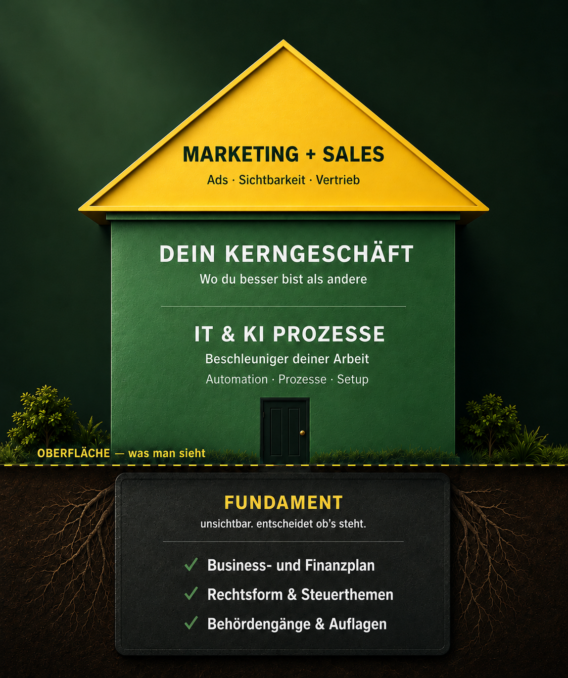 Haus-Metapher: Marketing & Sales im Dach, Kerngeschäft und IT/KI im Rohbau, Fundament (Business- und Finanzplan, Rechtsform, Behörden) unter der Erde